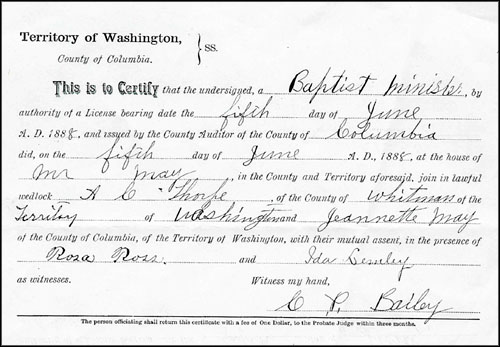 Marriage License of Genette May and Arthur Thorpe