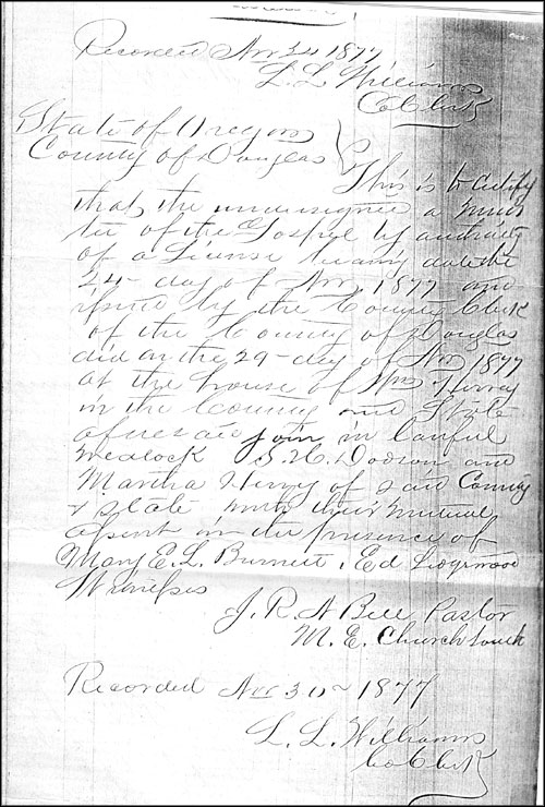 Marriage Record of Samuel Dodson and Martha Hervey
