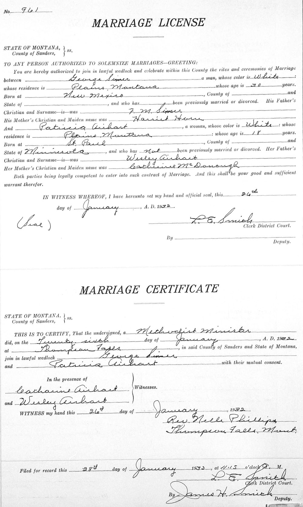 Marriage Certificate of George Dewey Simer and Patricia Airhart